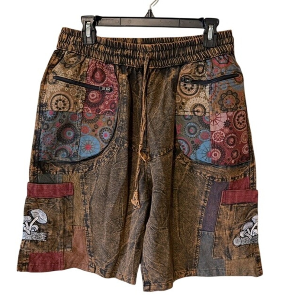 Rising International Boho Patchwork Mushroom Shorts XL Brown Acid Wash NWT - Picture 2 of 7